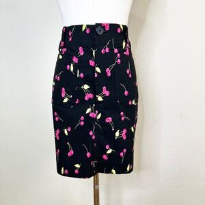Maeve Anthropologie Cherry Print Colette Mini Skirt Black Pockets Cotton Sml NEW